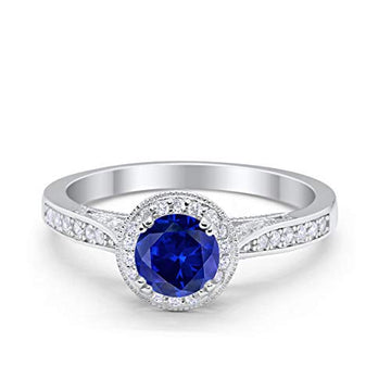Halo Engagement Promise Ring Round Simulated Blue Sapphire CZ 925 Sterling Silver